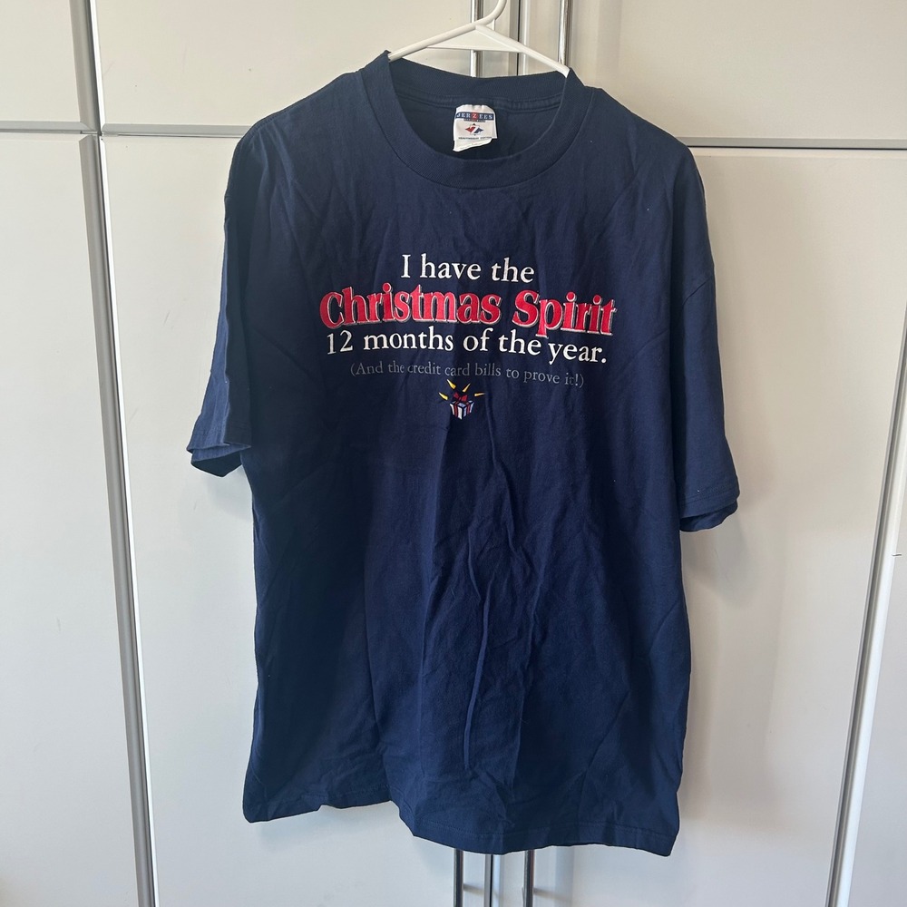 Vintage‎ Jerzees Christmas Spirit Funny Graphic Navy Blue T-Shirt Mens Large L
